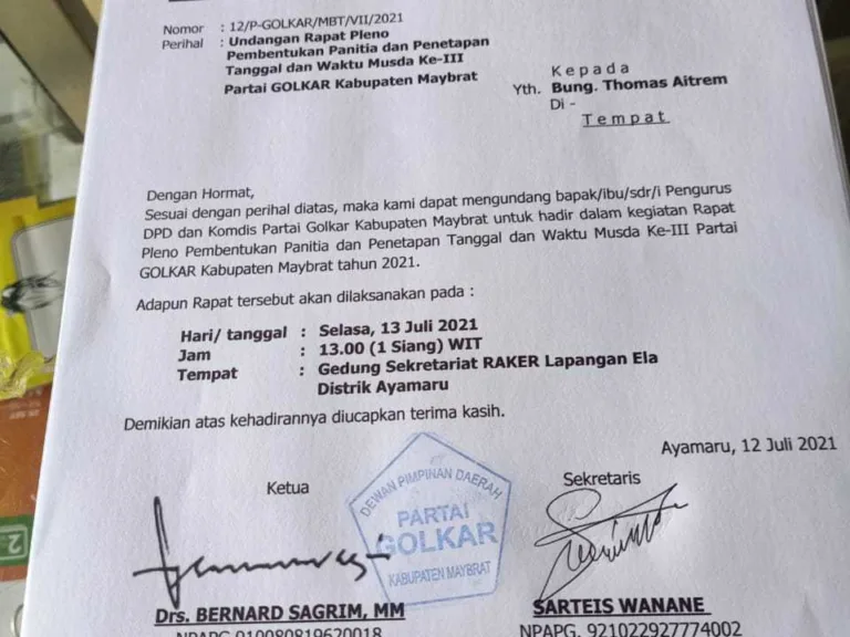 Beredar Undangan Pleno Golkar Maybrat ,Bernard Sagrim Dituding Kangkangi Hukum Partai