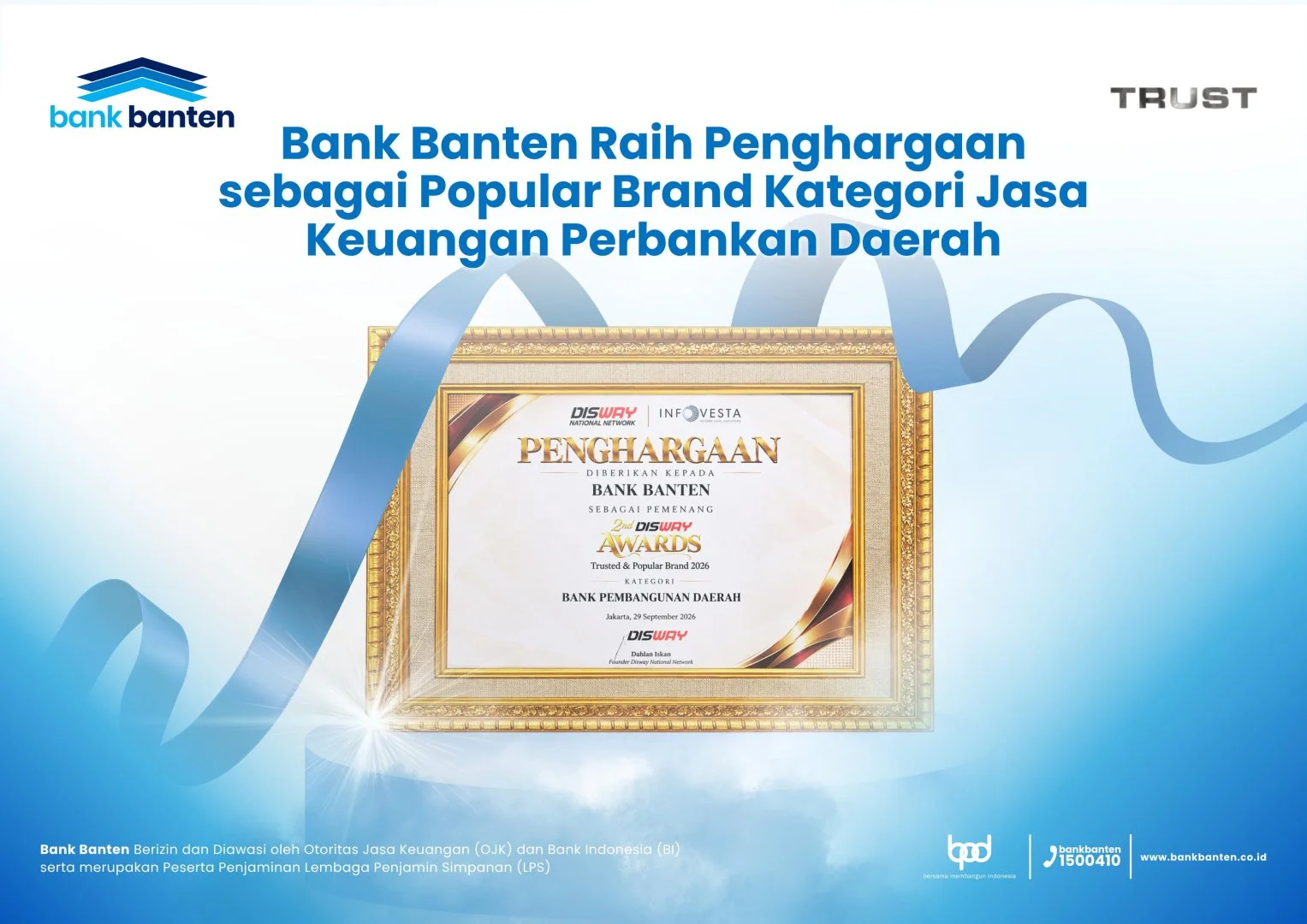 Bank Banten Raih Penghargaan Sebagai Popular Brand Kategori Jasa Keuangan Perbankan Daerah