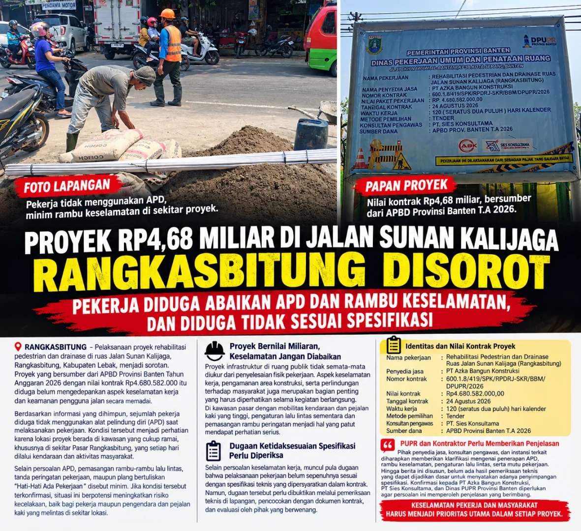 Proyek Rp4,68 Miliar Di Jalan Sunan Kalijaga Rangkasbitung Disorot, Pekerja Diduga Abaikan Apd Dan Rambu Keselamatan